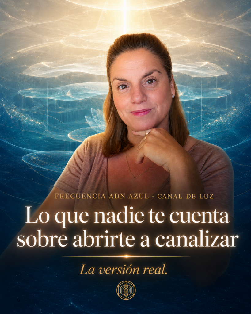 Rebeca Ferruz en su espacio de grabación con fondo abstracto azul luminoso. Texto sobreimpreso: "Lo que nadie te cuenta sobre abrirte a canalizar. La versión real." Portada del vídeo y podcast de Frecuencia ADN Azul Canal de Luz.